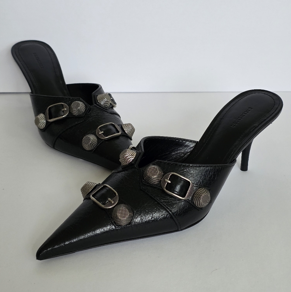Balenciaga Black Leather Pointed Mule Heels with Silver Stud Buckles